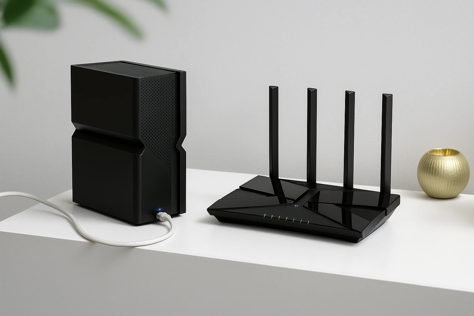 A comparison of two different WiFi routers—one basic and one high-end.