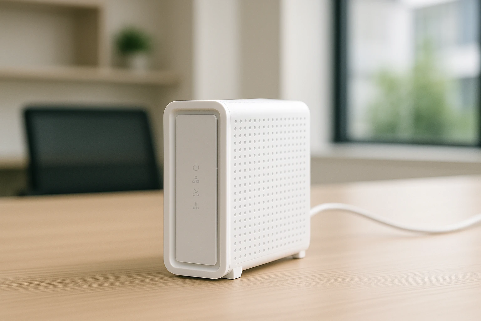 A modern modem and WiFi router on a wooden desk in a home office.