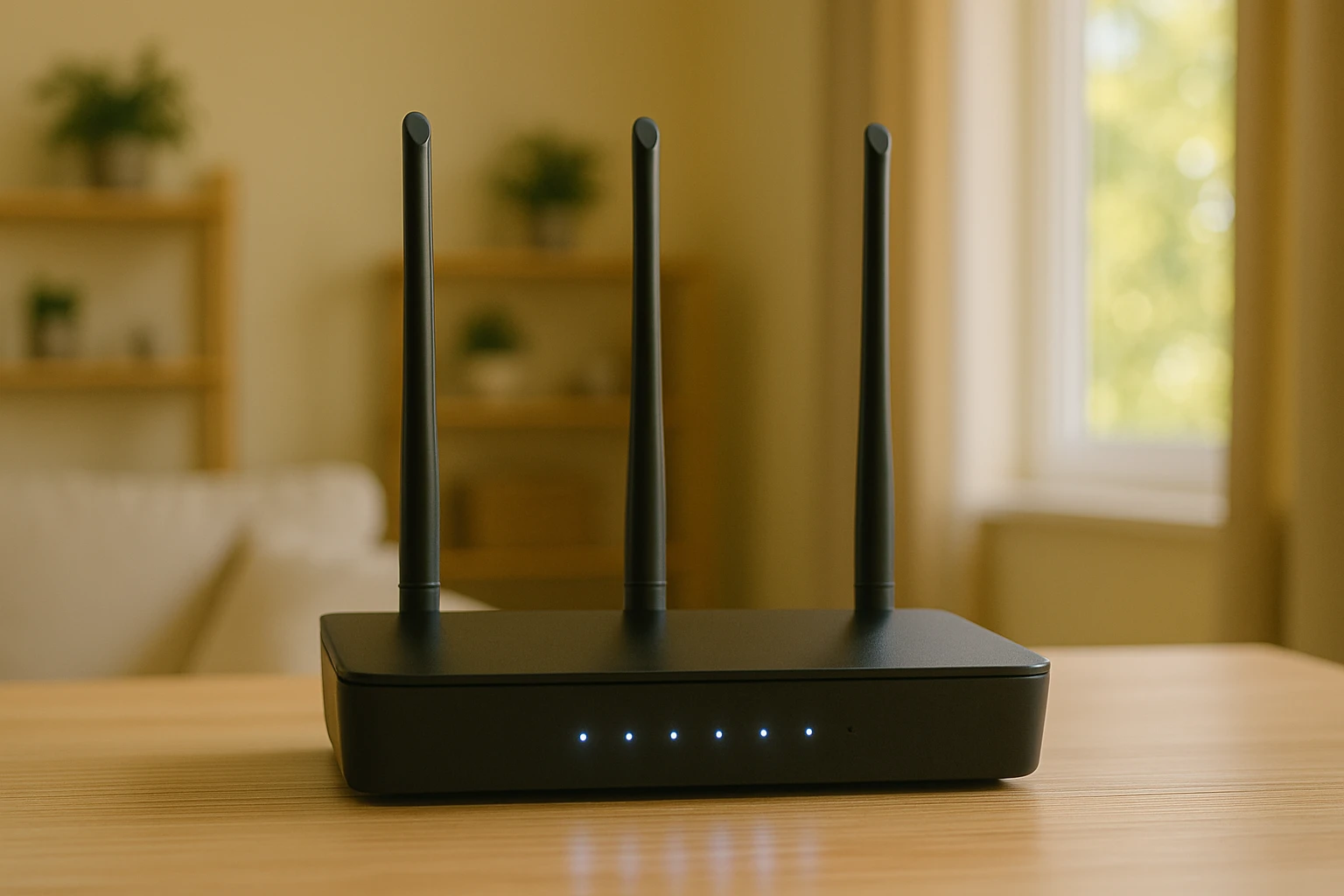 A product shot of a WiFi router on a modern desk.